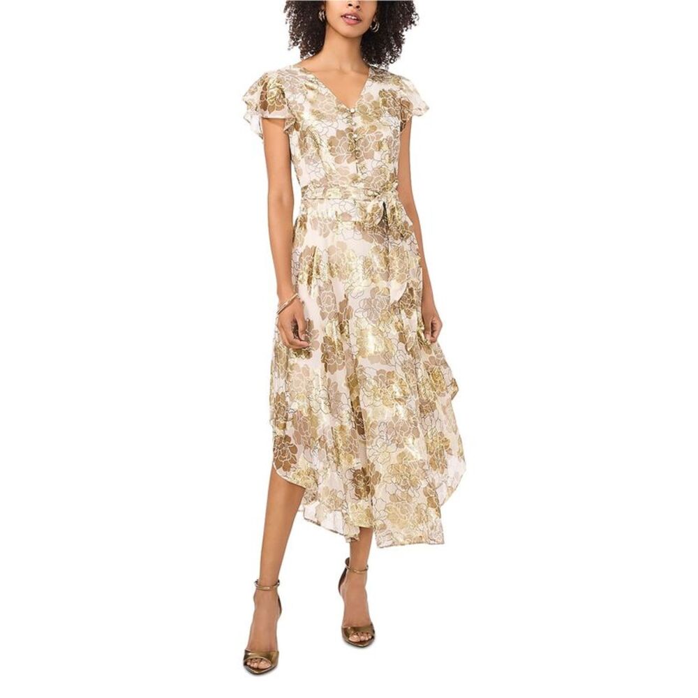 Vince Camuto Womens Metallic Print Flutter Sleeve Fit & Flare Dress, NWT